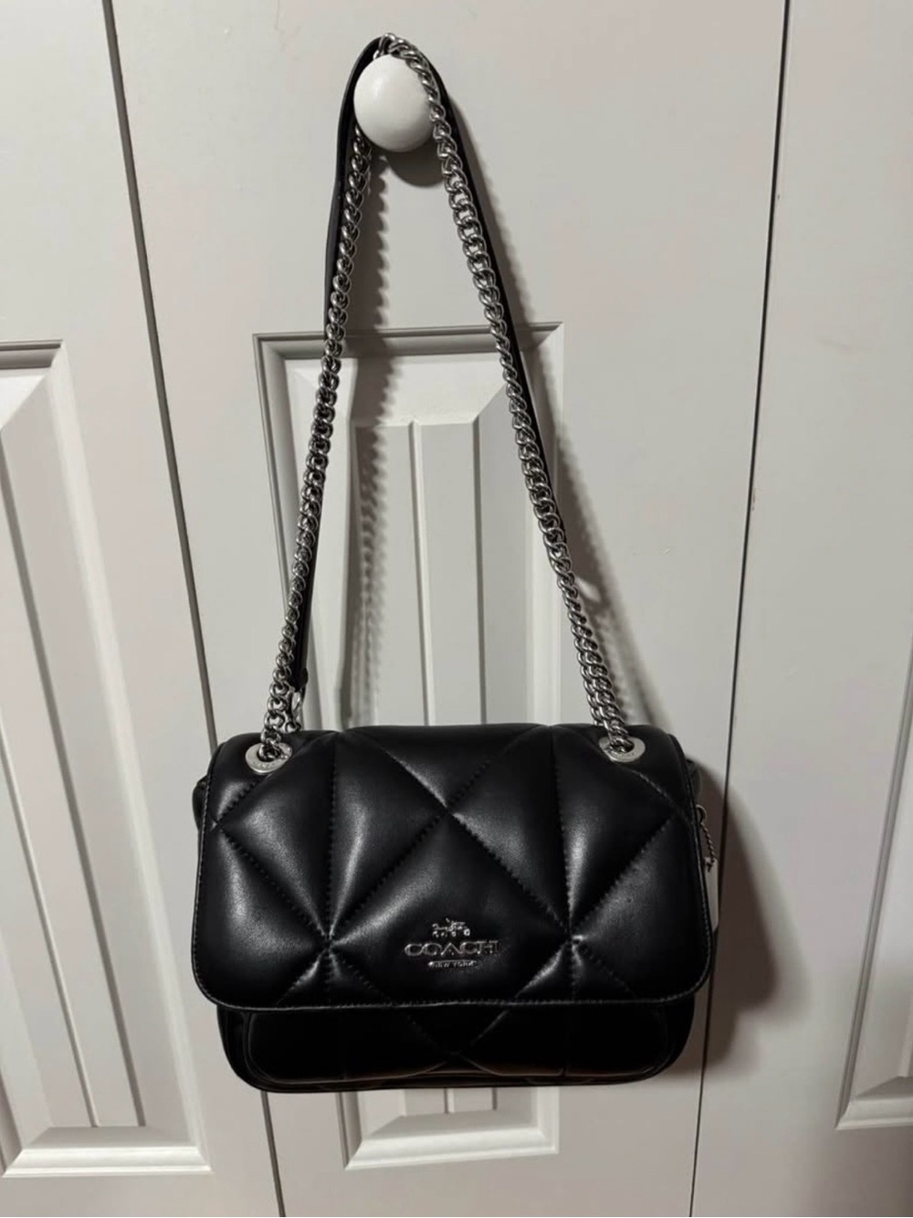 Coach Quilted Black Leather Shoulder Bag with Silver Chain